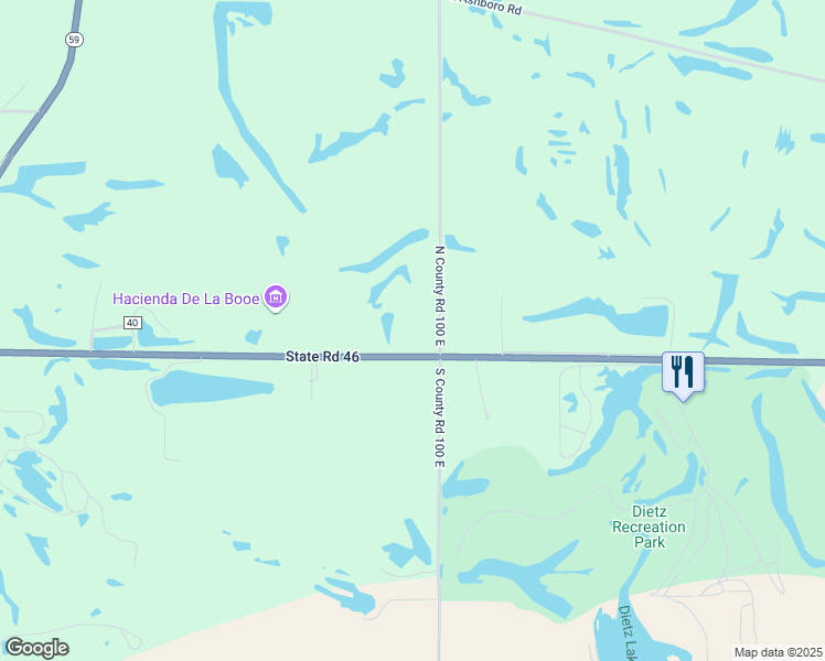 map of restaurants, bars, coffee shops, grocery stores, and more near 15 North County Road 100 East in Center Point