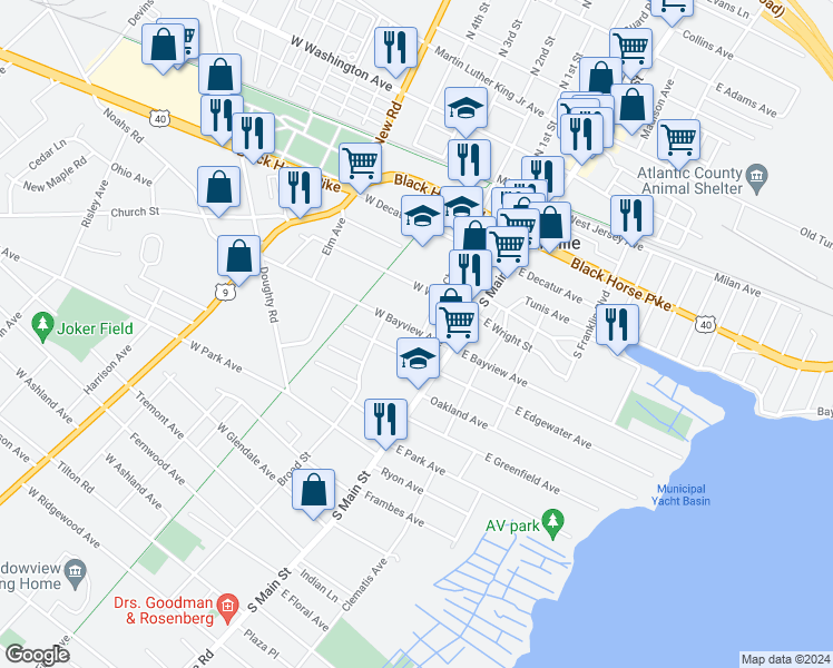 map of restaurants, bars, coffee shops, grocery stores, and more near 503 Chestnut Avenue in Pleasantville