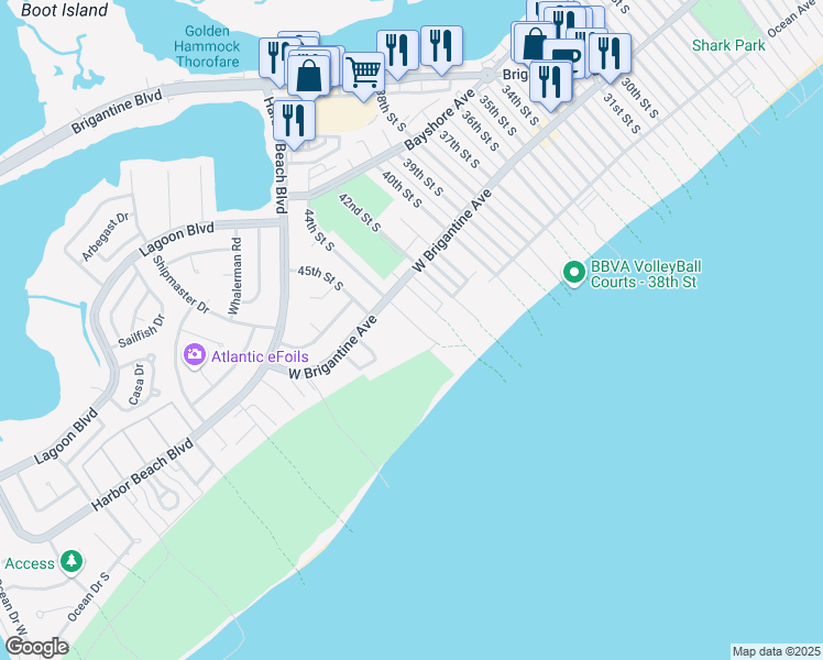 map of restaurants, bars, coffee shops, grocery stores, and more near 334 44th Street South in Brigantine