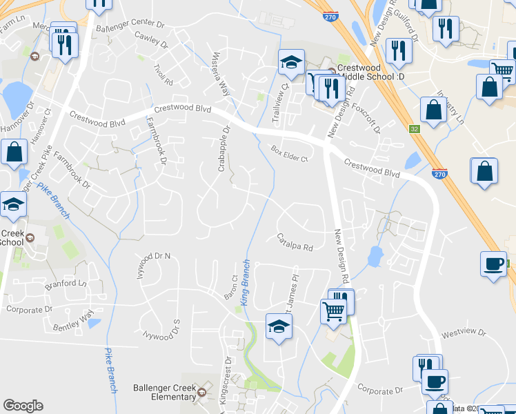 map of restaurants, bars, coffee shops, grocery stores, and more near 6908 Chokeberry Court in Frederick