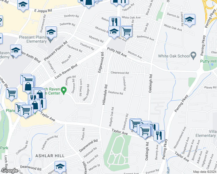 map of restaurants, bars, coffee shops, grocery stores, and more near 8107 Hillendale Road in Parkville