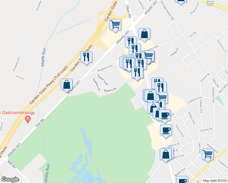 map of restaurants, bars, coffee shops, grocery stores, and more near 240 Heather Croft in Egg Harbor Township