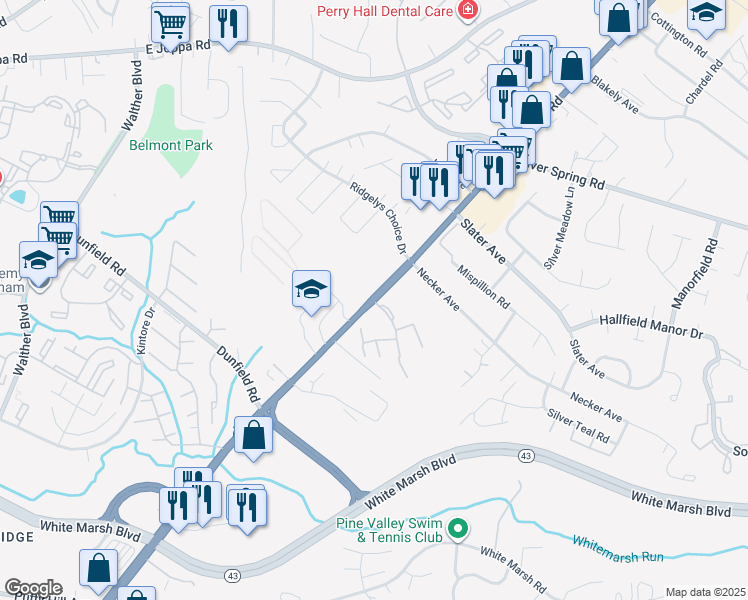 map of restaurants, bars, coffee shops, grocery stores, and more near 1 Olde Forge Ln in Perry Hall