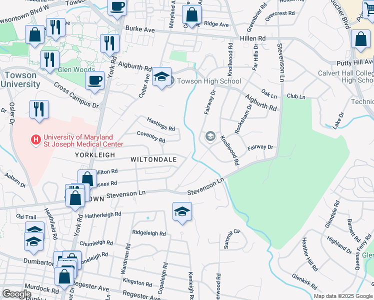 map of restaurants, bars, coffee shops, grocery stores, and more near 647 Coventry Road in Towson