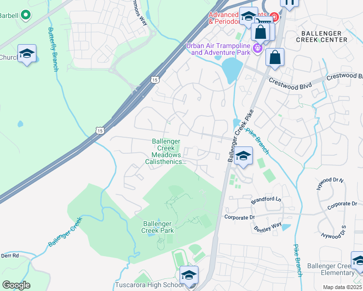map of restaurants, bars, coffee shops, grocery stores, and more near 5610 Avonshire Place in Frederick