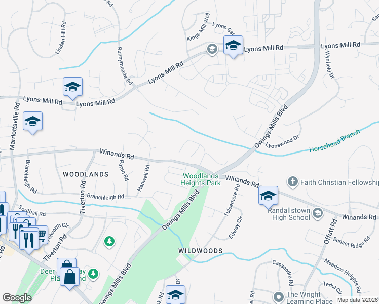 map of restaurants, bars, coffee shops, grocery stores, and more near 10 Coral Bell Court in Owings Mills