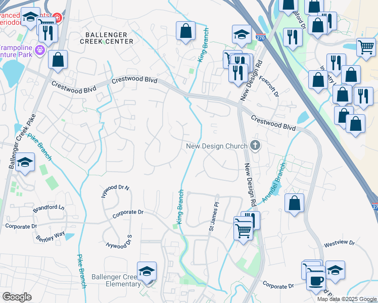 map of restaurants, bars, coffee shops, grocery stores, and more near 6908 Chokeberry Court in Frederick