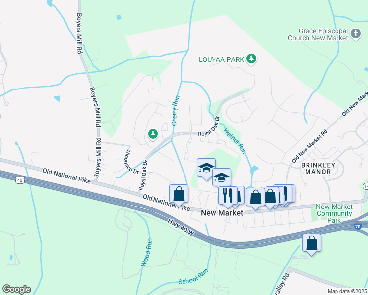 map of restaurants, bars, coffee shops, grocery stores, and more near 5620 Queen Anne Court in New Market