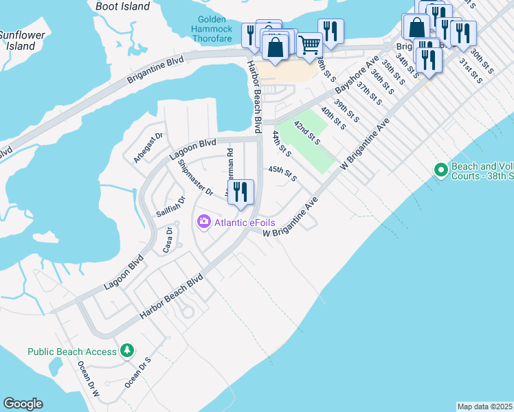 map of restaurants, bars, coffee shops, grocery stores, and more near 4514 Harbor Beach Boulevard in Brigantine