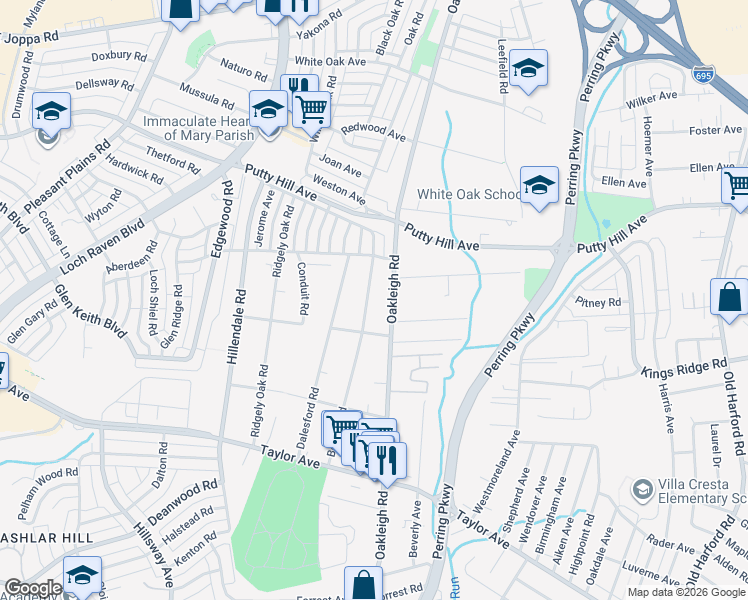 map of restaurants, bars, coffee shops, grocery stores, and more near 8215 Bon Air Road in Parkville