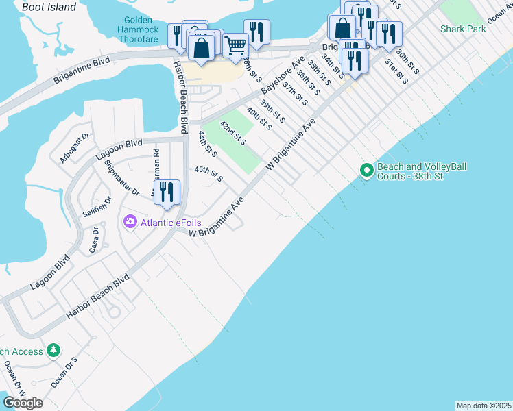 map of restaurants, bars, coffee shops, grocery stores, and more near 334 44th Street South in Brigantine