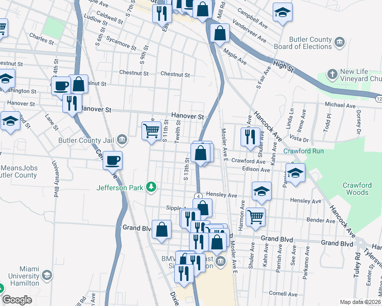 map of restaurants, bars, coffee shops, grocery stores, and more near 1331 Hamilton Avenue in Hamilton