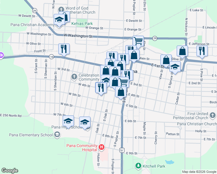 map of restaurants, bars, coffee shops, grocery stores, and more near 2 East 4th Street in Pana
