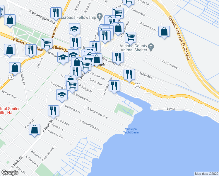 map of restaurants, bars, coffee shops, grocery stores, and more near 306 South Franklin Boulevard in Pleasantville