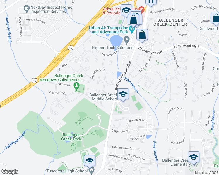 map of restaurants, bars, coffee shops, grocery stores, and more near 6451 Tarrington Court in Frederick