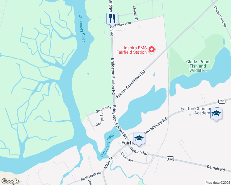 map of restaurants, bars, coffee shops, grocery stores, and more near 69 Bridgeton Fairton Road in Bridgeton