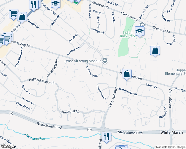 map of restaurants, bars, coffee shops, grocery stores, and more near 4518 Ambermill Road in Nottingham