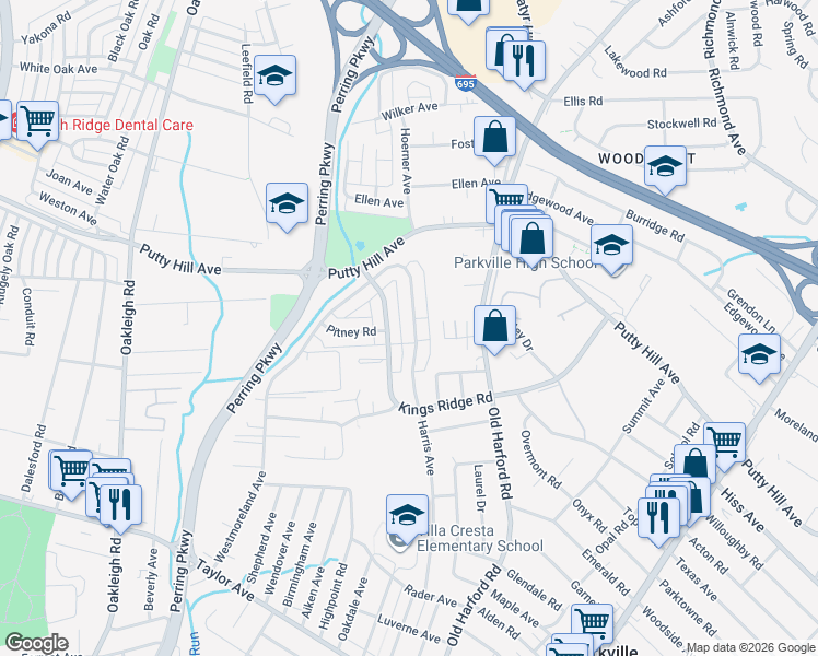 map of restaurants, bars, coffee shops, grocery stores, and more near 8512 Harris Avenue in Parkville