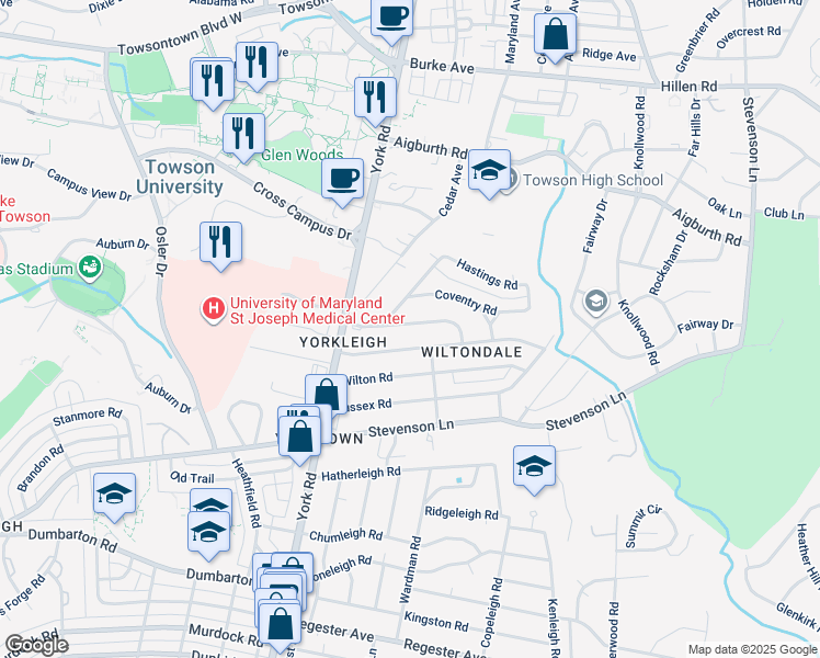map of restaurants, bars, coffee shops, grocery stores, and more near 517 Worcester Road in Towson