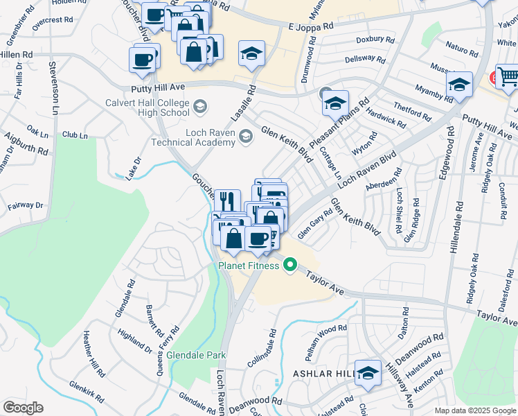 map of restaurants, bars, coffee shops, grocery stores, and more near 8100 Loch Raven Boulevard in Towson