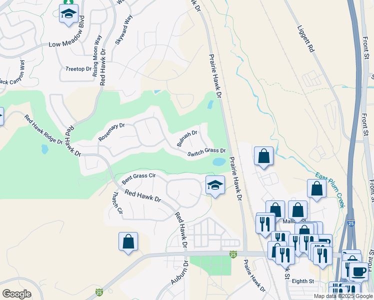 map of restaurants, bars, coffee shops, grocery stores, and more near 1113 Switch Grass Drive in Castle Rock