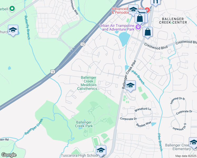 map of restaurants, bars, coffee shops, grocery stores, and more near 5620 Avonshire Place in Frederick