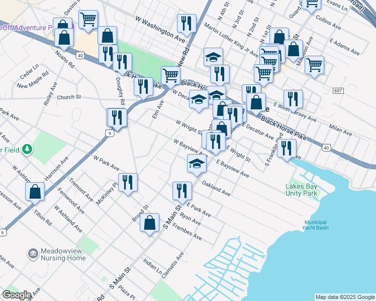 map of restaurants, bars, coffee shops, grocery stores, and more near 109 West Bayview Avenue in Pleasantville