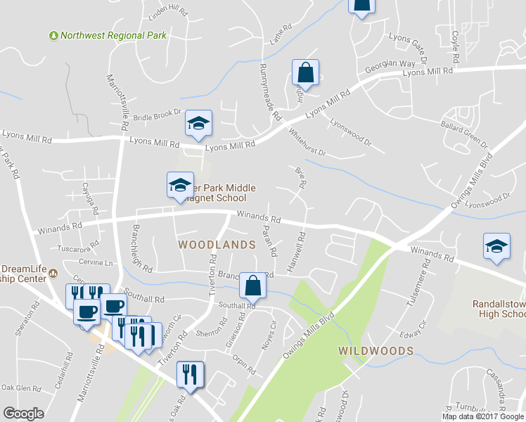 map of restaurants, bars, coffee shops, grocery stores, and more near 9700 Winands Road in Randallstown
