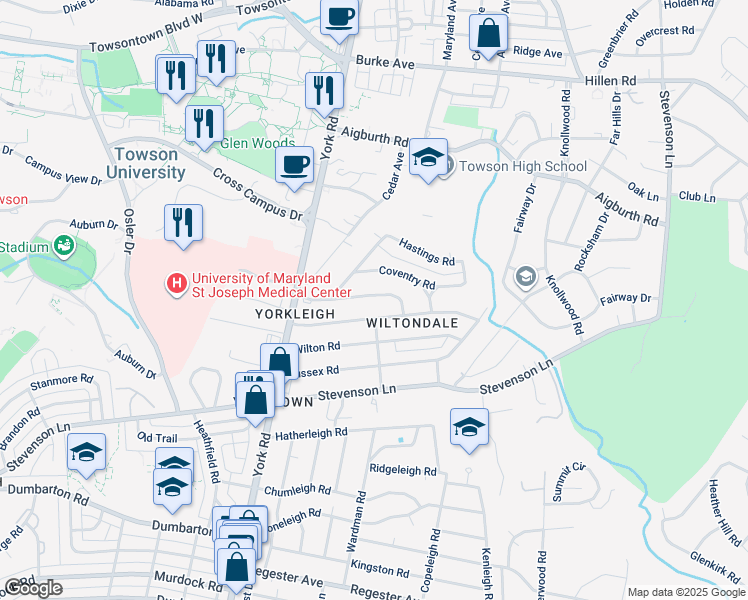 map of restaurants, bars, coffee shops, grocery stores, and more near 605 Worcester Road in Towson