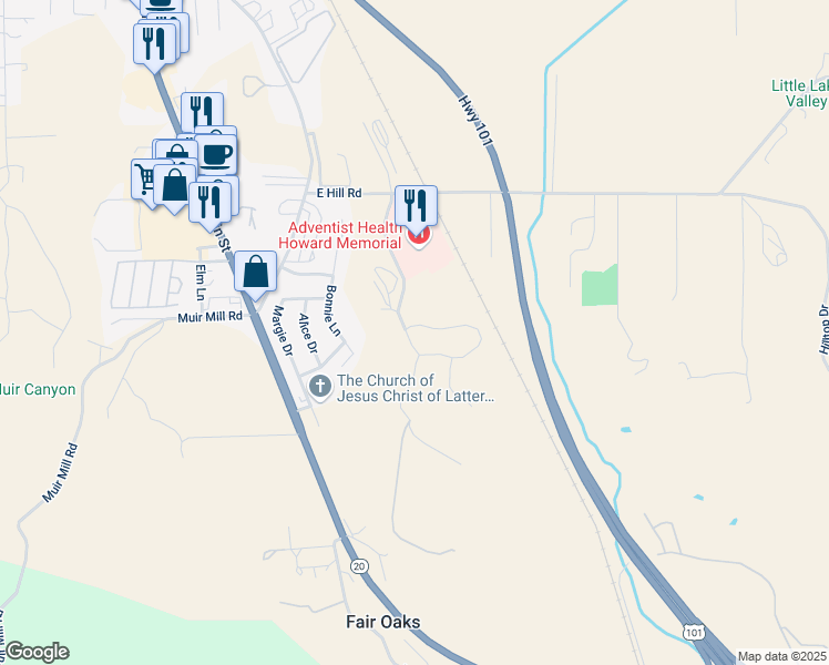 map of restaurants, bars, coffee shops, grocery stores, and more near 145 Haehl Creek Drive in Willits