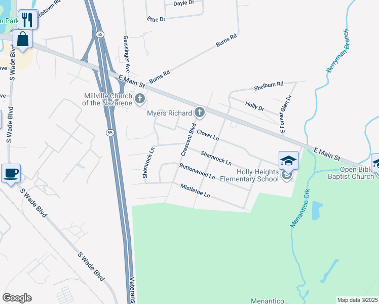 map of restaurants, bars, coffee shops, grocery stores, and more near 201 Crescent Boulevard in Millville