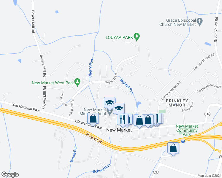 map of restaurants, bars, coffee shops, grocery stores, and more near 5656 Joseph Court in New Market