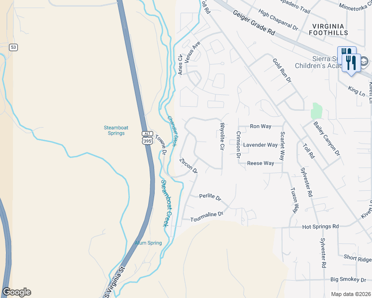 map of restaurants, bars, coffee shops, grocery stores, and more near 225 Zircon Drive in Reno