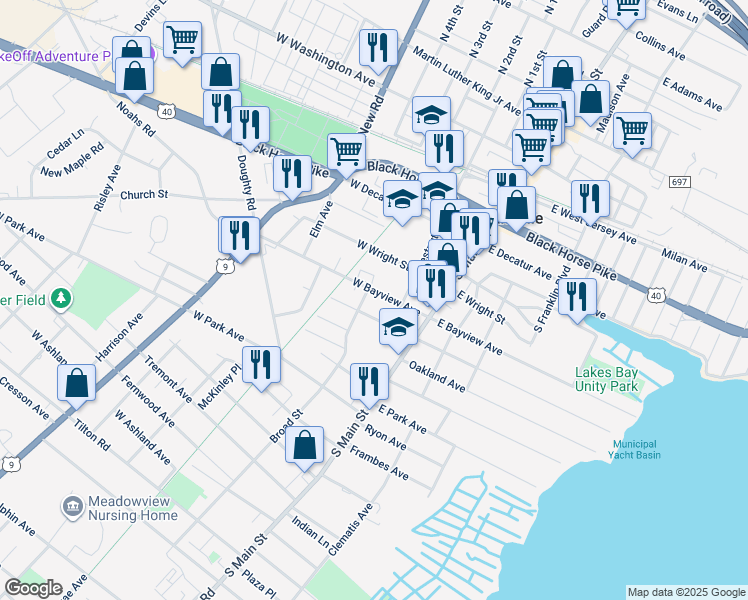 map of restaurants, bars, coffee shops, grocery stores, and more near 109 West Bayview Avenue in Pleasantville