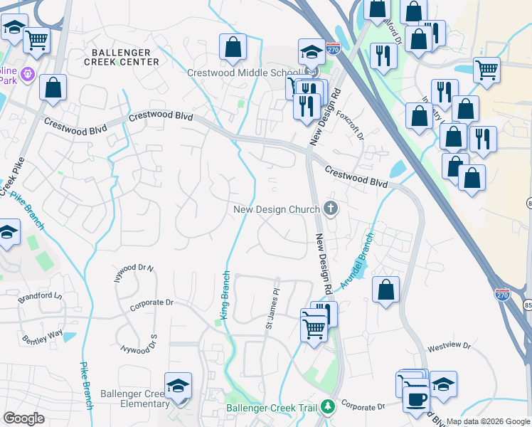 map of restaurants, bars, coffee shops, grocery stores, and more near 6996 Basswood Road in Frederick