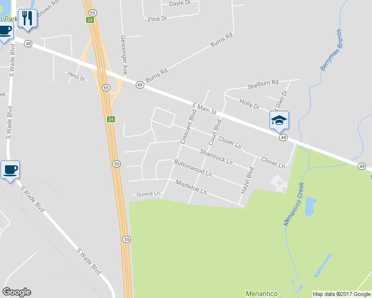 map of restaurants, bars, coffee shops, grocery stores, and more near 201 Crescent Boulevard in Millville