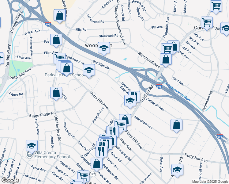 map of restaurants, bars, coffee shops, grocery stores, and more near 2911 Manns Avenue in Parkville