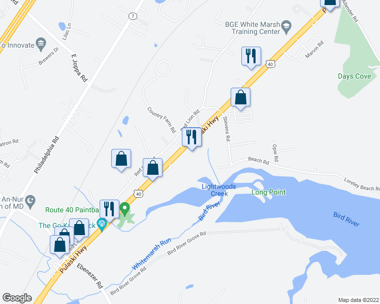 map of restaurants, bars, coffee shops, grocery stores, and more near 11131 Pulaski Highway in White Marsh