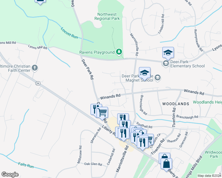 map of restaurants, bars, coffee shops, grocery stores, and more near 32 Ojibway Road in Randallstown