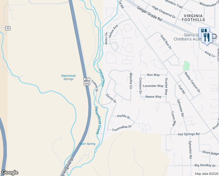 map of restaurants, bars, coffee shops, grocery stores, and more near 225 Zircon Drive in Reno