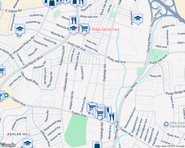 map of restaurants, bars, coffee shops, grocery stores, and more near 8113 Dalesford Road in Parkville