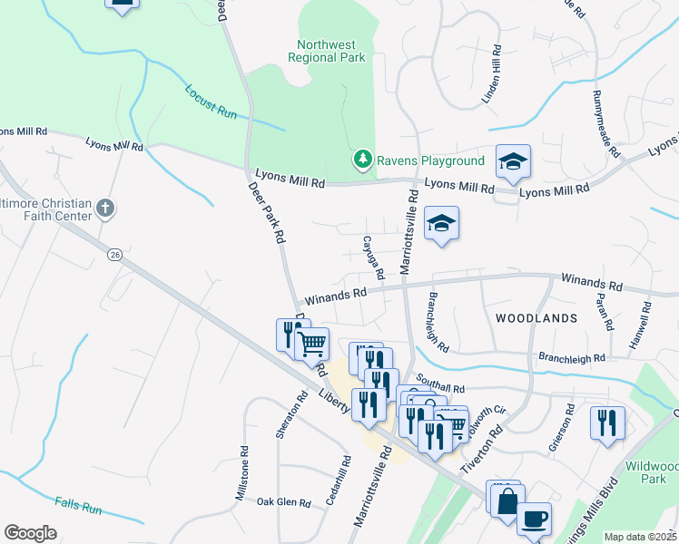 map of restaurants, bars, coffee shops, grocery stores, and more near 32 Ojibway Road in Randallstown