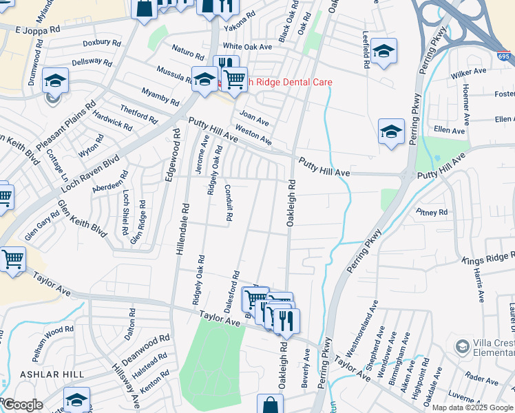 map of restaurants, bars, coffee shops, grocery stores, and more near 8113 Dalesford Road in Parkville