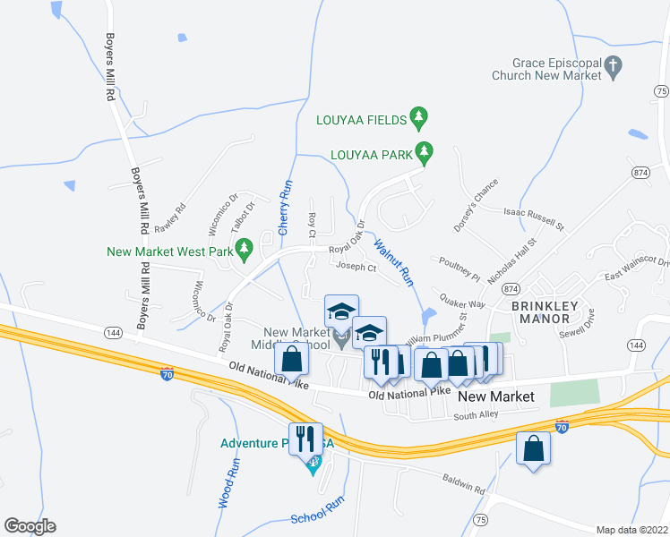 map of restaurants, bars, coffee shops, grocery stores, and more near 5644 Joseph Court in New Market
