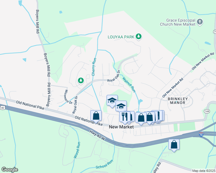 map of restaurants, bars, coffee shops, grocery stores, and more near 5636 Joseph Court in New Market