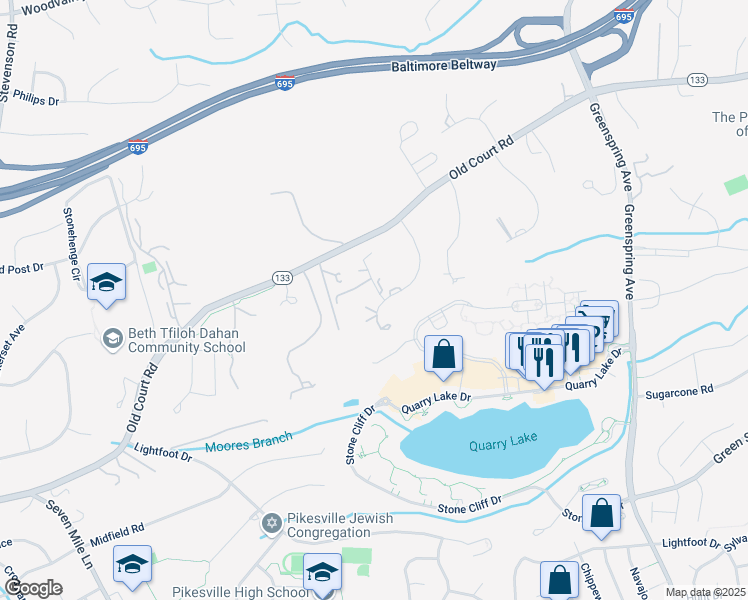 map of restaurants, bars, coffee shops, grocery stores, and more near 2 Hurlingham Court in Pikesville
