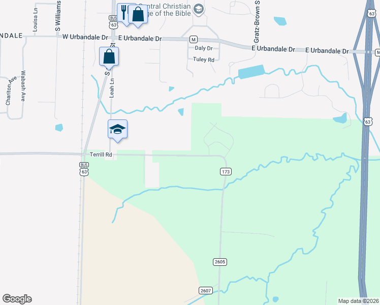 map of restaurants, bars, coffee shops, grocery stores, and more near 705 East Terrill Road in Moberly