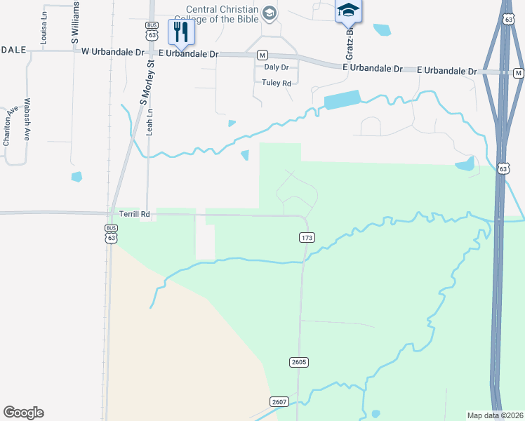 map of restaurants, bars, coffee shops, grocery stores, and more near 711 Terrill Road in Moberly