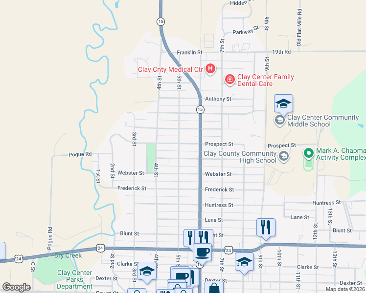 map of restaurants, bars, coffee shops, grocery stores, and more near 1715 5th Street in Clay Center
