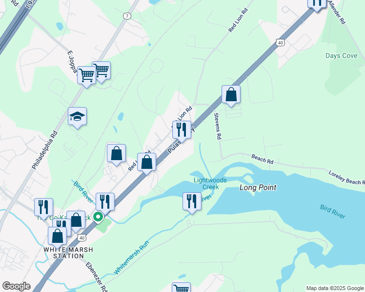 map of restaurants, bars, coffee shops, grocery stores, and more near 11131 Pulaski Highway in White Marsh